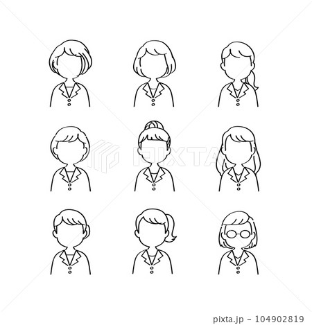 アイコンセット：医療現場で働く白衣姿の医療従事者（女性正面/上半身/主線あり手描き黒線/表情なし） 104902819