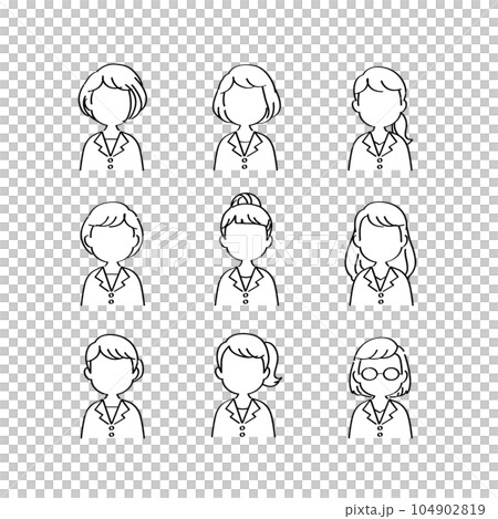 アイコンセット：医療現場で働く白衣姿の医療従事者（女性正面/上半身/主線あり手描き黒線/表情なし） 104902819