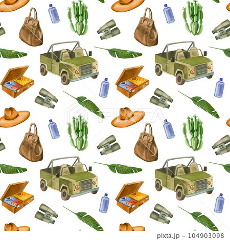 seamless pattern on the theme of travel to Africa. Open top car, palm twigs, cactus, travel bag, sunhat. All elements are hand-drawn in watercolor on a white background. for printing on fabric, paper 104903098