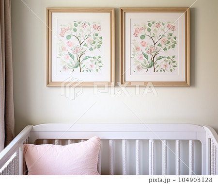Nursery wall art, home decor and framed art in the English country cottage interior, room for diy printable artwork mockup and print shop 104903128
