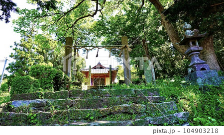 長崎県壱岐の新城神社（樋詰城跡）の本殿と階段 104903218