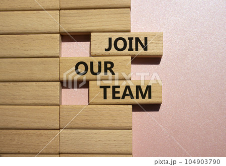 Join our team symbol. Wooden blocks with words Join our team. Beautiful pink background. Business and Join our team concept. Copy space. Join our team symbol. Wooden blocks with words Join our team. Beautiful pink background. Business and Join our team concept. Copy space. 104903790