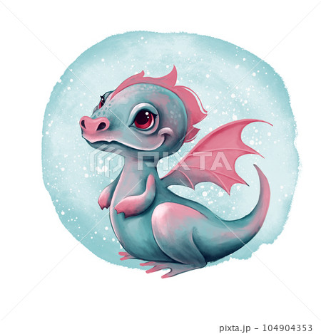 Fantasy cute baby dragon. New Year 2024. Cartoon dragonon blue background. Fantasy cute baby dragon. New Year 2024. Cartoon dragonon blue background. 104904353