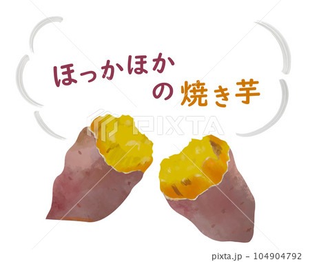 湯気が立っているほかほかの焼き芋の手書きイラスト（水彩タッチ） 104904792