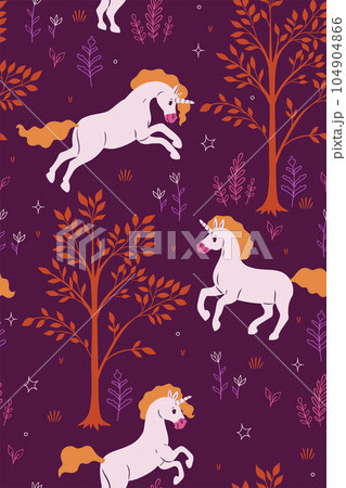 Seamless pattern with unicorns in a magical forest. Vector graphics. Seamless pattern with unicorns in a magical forest. Vector graphics. 104904866