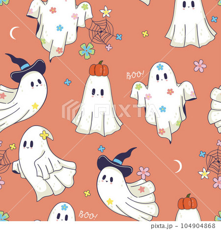 Seamless pattern with magical cute happy ghosts. Vector graphics. 104904868