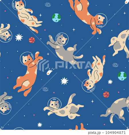 Seamless pattern with cute cats in space. Vector graphics. Seamless pattern with cute cats in space. Vector graphics. 104904871