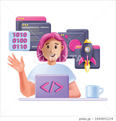 3D programmer female vector character, cartoon young webdesign freelancer, code sign, laptop. 3D programmer female vector character, cartoon young webdesign freelancer, code sign, laptop. 104905224