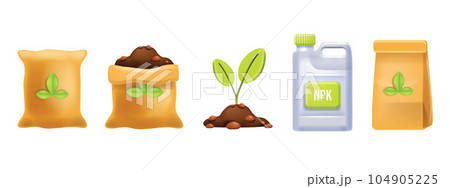 3D fertilizer bag vector icon set, flower soil, garden dirt illustration, ecological ground mineral 3D fertilizer bag vector icon set, flower soil, garden dirt illustration, ecological ground mineral 104905225