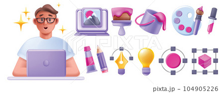 3D design icon set, vector freelancer male character with laptop, creative customise project bulb. 3D design icon set, vector freelancer male character with laptop, creative customise project bulb. 104905226