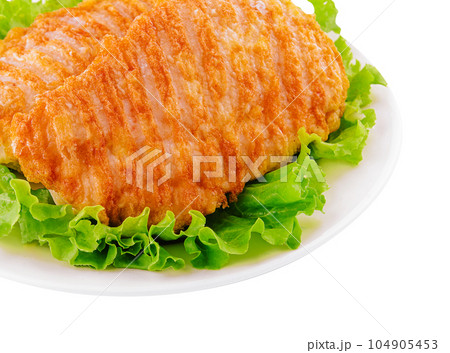 Fried chicken chop on white plate 104905453