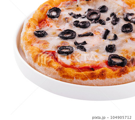 mini pizza with olives and cheese on plate mini pizza with olives and cheese on plate 104905712