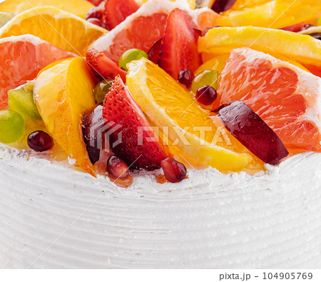 Delicious fruit mousse cake close up 104905769