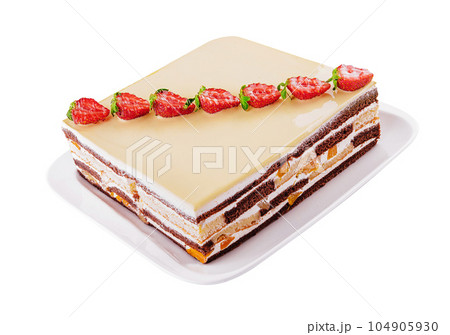 Vanilla and chocolate layered cake with strawberries Vanilla and chocolate layered cake with strawberries 104905930