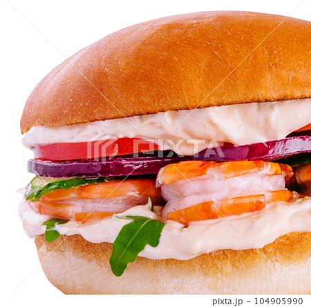 Fresh healthy delicious shrimp burger isolated 104905990