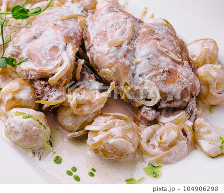 Chicken breast, potatoes and sauce on plate Chicken breast, potatoes and sauce on plate 104906298