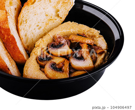 Hummus with fried mushrooms and bread Hummus with fried mushrooms and bread 104906497