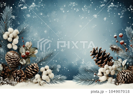 Christmas decoration with pine cones. Christmas background with space for text. Generative AI 104907018
