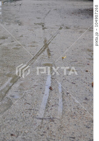 雨上がりの泥道に残る自転車のタイヤ跡と足跡 104907268