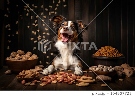 Happy dog sitting at a table surrounded by mountains of scattered healthy dog food and snacks. Concept of dog food advertising. Generative AI. 104907723