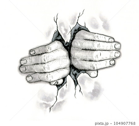 Two hands breaking through a wall Two hands breaking through a wall 104907768