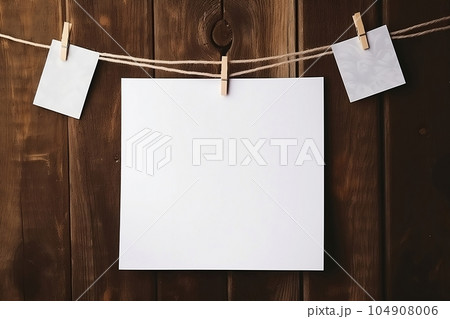 White paper sheets hang on a string with a clothespin White paper sheets hang on a string with a clothespin 104908006
