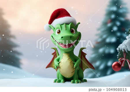 Green wooden dragon near the Christmas tree 104908013
