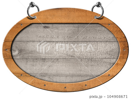 Old Blank Oval Wooden Sign with Frame Isolated on White Background 104908671