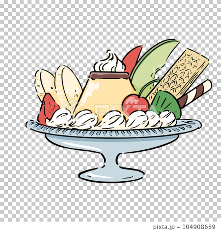 手描きイラスト　ミニ色紙　夏喫茶／プリンアラモード 手描きのプリンアラモードのイラスト素材 [104908689] - PIXTA