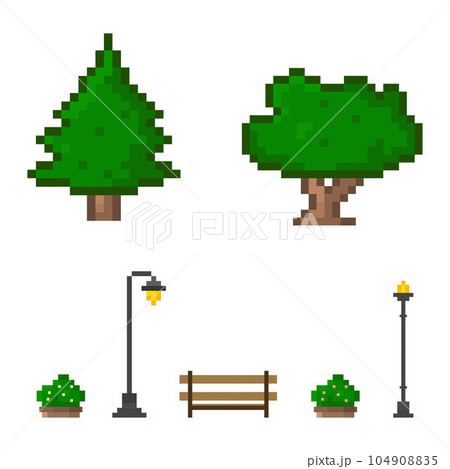 Pixel art park element, trees, bench, bush, street light for design scene for 8 bit game Pixel art park element, trees, bench, bush, street light for design scene for 8 bit game 104908835