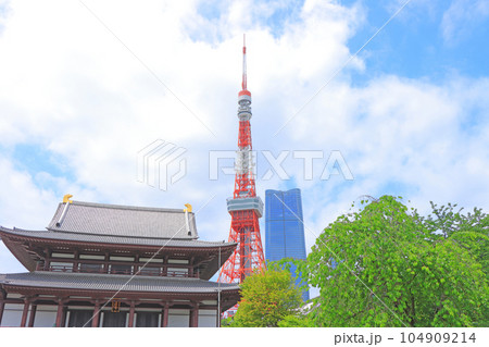 東京都、東京タワーと増上寺の風景 104909214