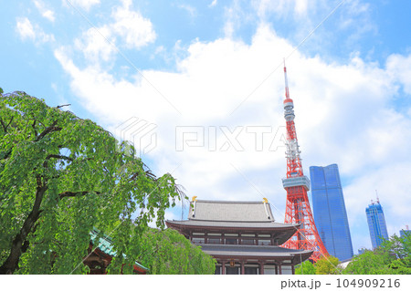 東京都、東京タワーと増上寺の風景 104909216