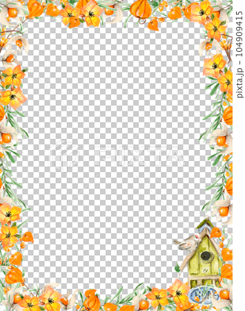 Watercolor autumn square frame with sea buckthorn. Illustration of autumn for scrapbooking, invitation, posters, greetings cards, party decoration,wedding stationary, fashion, background. 104909415