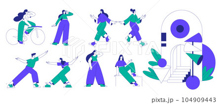 Man and Woman at the Crossroads Think of Direction to Go Vector Set 104909443