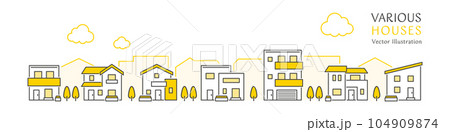 シンプルな住宅が並ぶ街並みのベクターイラスト シンプルな住宅が並ぶ街並みのベクターイラスト 104909874