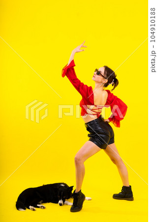 Excited girl dancing with border collie. Studio portrait lady looking at dog with surprised smile. Excited girl dancing with border collie. Studio portrait lady looking at dog with surprised smile. 104910188