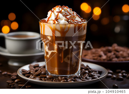 Coffee with whipped cream in a glass on a dark background 104910465