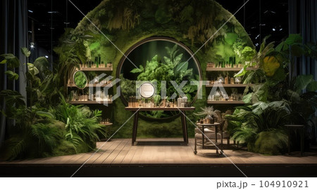 Cosmetics exhibition featuring a wooden podium photo realistic illustration - Generative AI. 104910921