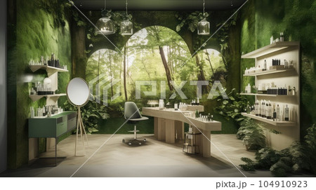 Cosmetics exhibition featuring a wooden podium photo realistic illustration - Generative AI. 104910923