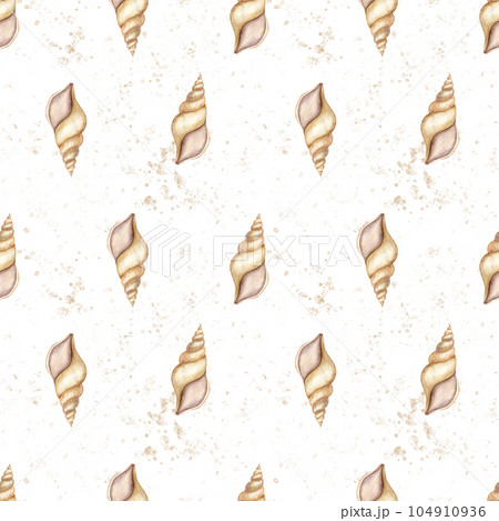Seashells seamless Pattern on isolated white background. Hand drawn watercolor illustration of sea shells. Ornament with underwater spiral cockleshells. Backdrop for textile design wrapping paper. Seashells seamless Pattern on isolated white background. Hand drawn watercolor illustration of sea shells. Ornament with underwater spiral cockleshells. Backdrop for textile design wrapping paper. 104910936