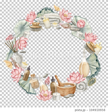 Spa Wreath with Lotus Flowers, mortar and vintage flacons. Hand drawn watercolor illustration of Frame with natural cosmetics on white isolated background. Drawing with body care products for icon. Spa Wreath with Lotus Flowers, mortar and vintage flacons. Hand drawn watercolor illustration of Frame with natural cosmetics on white isolated background. Drawing with body care products for icon. 104910938