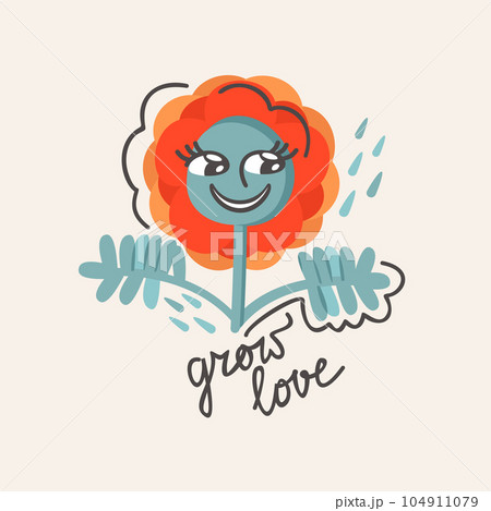Grow love. Vector isolated illustration of smiling daisy with lettering Grow love. Vector isolated illustration of smiling daisy with lettering 104911079