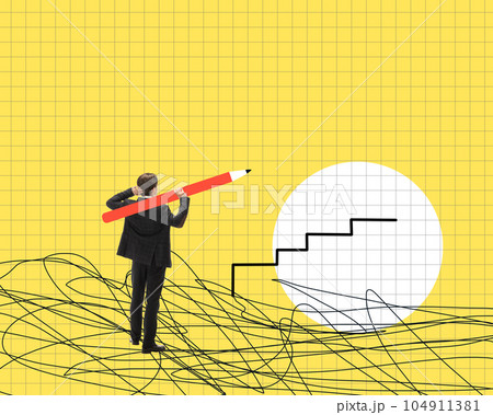 Contemporary art collage. Businessman, employee thinking and personal and professional success. Drawing stairs to growth Contemporary art collage. Businessman, employee thinking and personal and professional success. Drawing stairs to growth 104911381