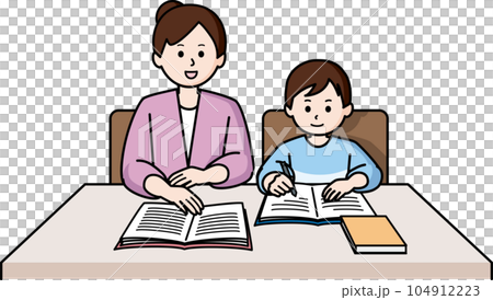 勉強する男の子と母親 104912223