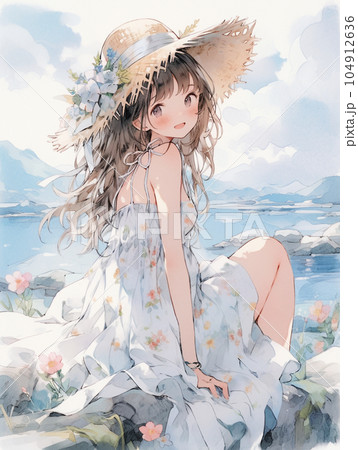 パステルワンピースのの黒髪女の子 104912636