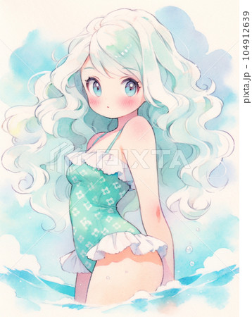 ちびキャラフリル水着の女の子のイラスト素材 [104912639] - PIXTA