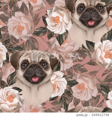 Seamless floral pattern with Pug Dog. Spring...のイラスト素材 [104912736] - PIXTA