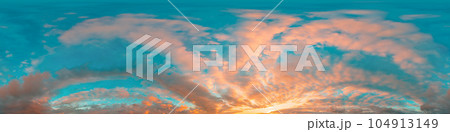 Sunset sky panorama with bright glowing pink Cirrus clouds. HDR 360 seamless spherical panorama. Full zenith or sky dome in 3D, sky replacement for aerial drone panoramas. Climate and weather change. 104913149