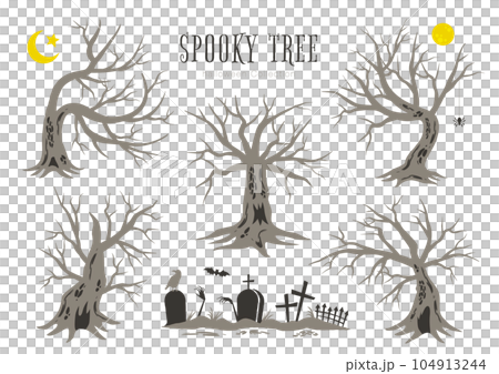 Spooky tree ghost and cemetery halloween illustration set 104913244