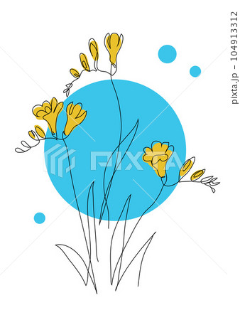 Freesia flower simple vector illustration. One continuous line art drawing of freesia twigs in blue and yellow colors 104913312